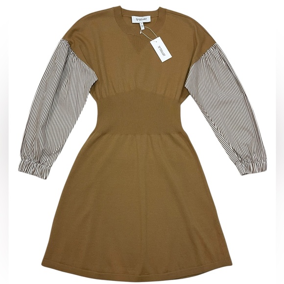 Derek Lam 10 Crosby Sweater Dress Lainey Mixed Media Tan Print Long Sleeve NEW - Picture 3 of 15
